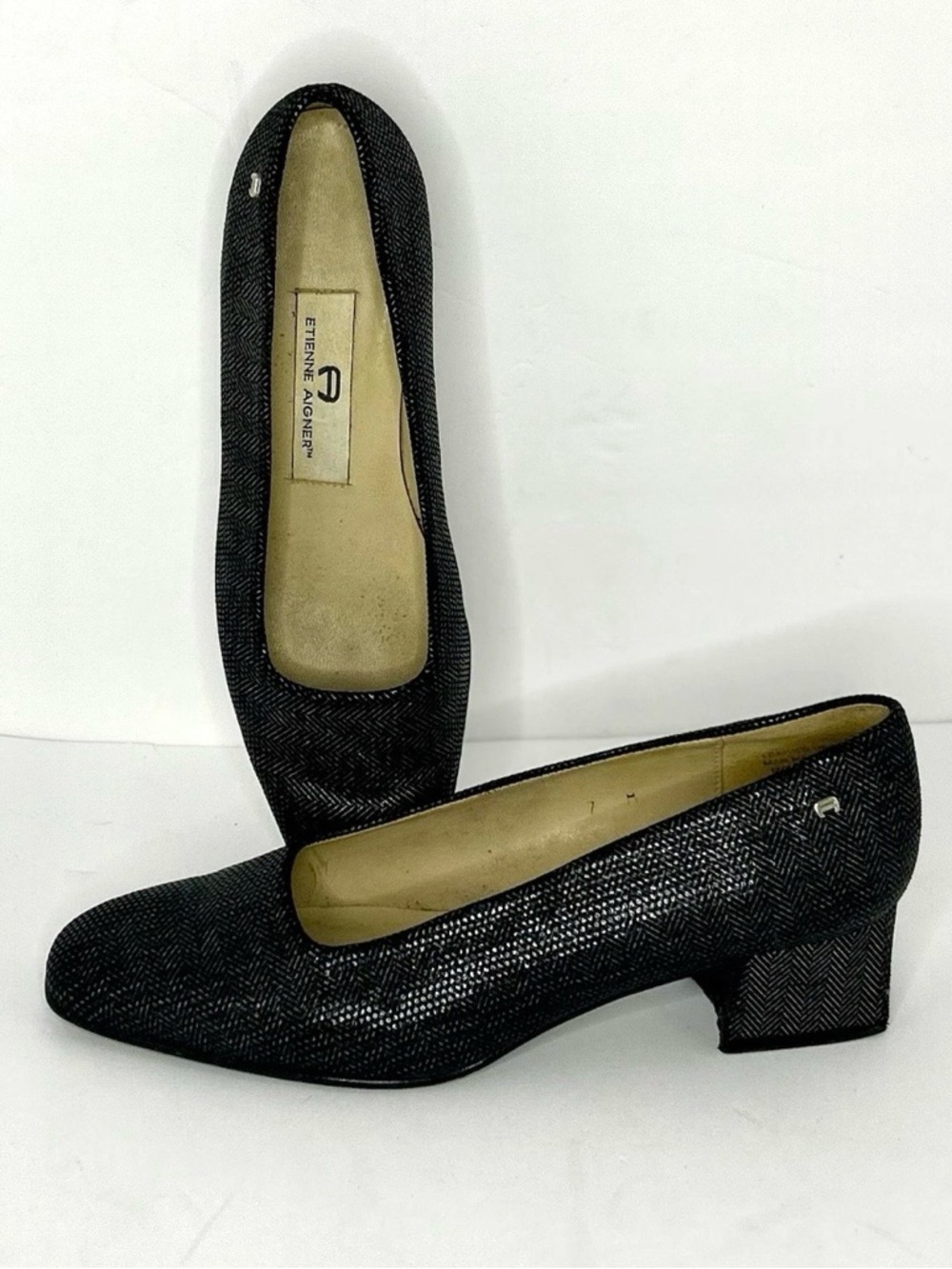 Etienne Aigner Herringbone Leather Pumps Size 7 Black Block Heel Size Spain